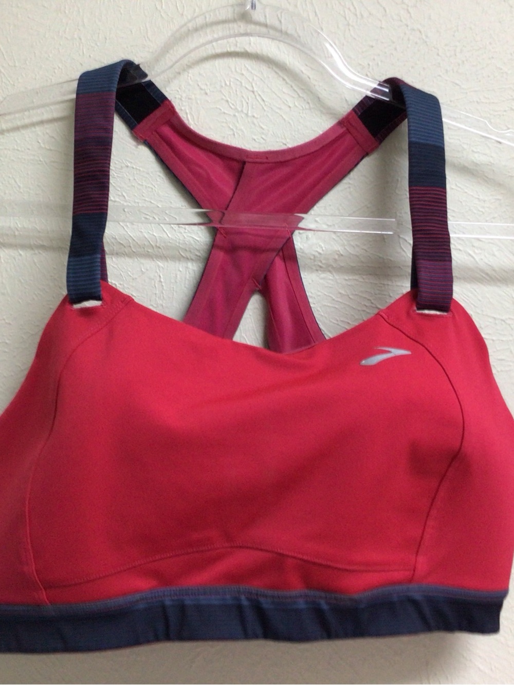 Brooks Coral Racerback Sports Bra with Navy-Striped Straps